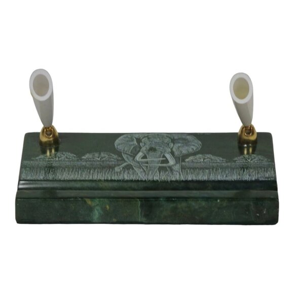 Vtg Signed African Verdite Stone Elephant Hand Crafted Etched Desk Pen Holder - Picture 9 of 11